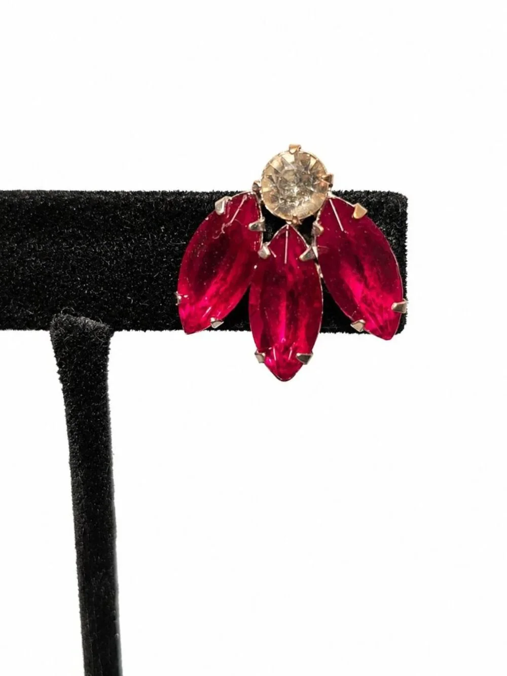 Vintage 1950s Red Navette Rhinestone Mid Century Glam Screwback Earrings - Picture 2 of 6